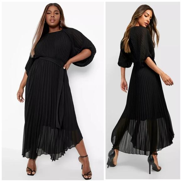 Boohoo Pleated Puff Sleeve Maxi Dress - Picture 1 of 12